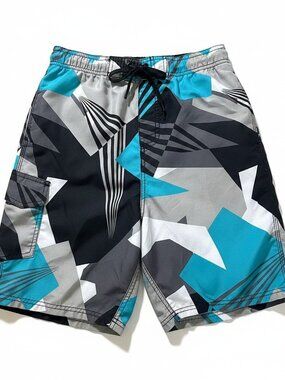 Boys Teal, Black & Gray Geometric Swim Trunks